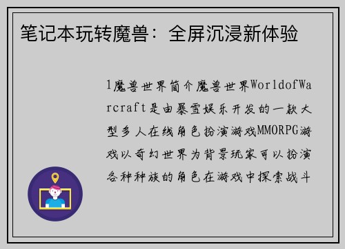 笔记本玩转魔兽：全屏沉浸新体验